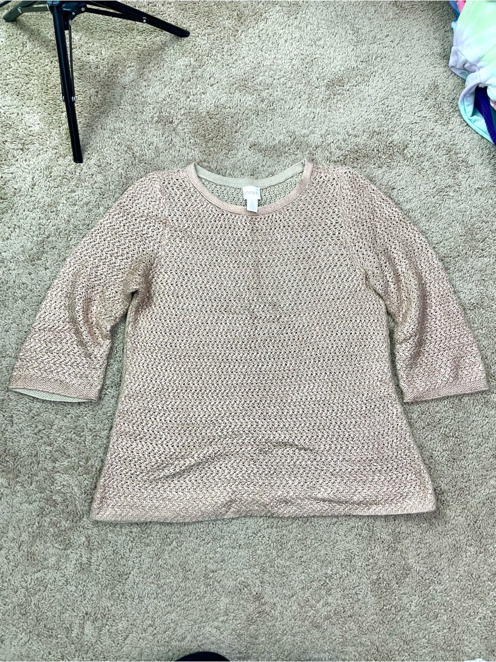 Chico's Metallic Gold Open-Knit Crewneck Half-Sleeve Sweater